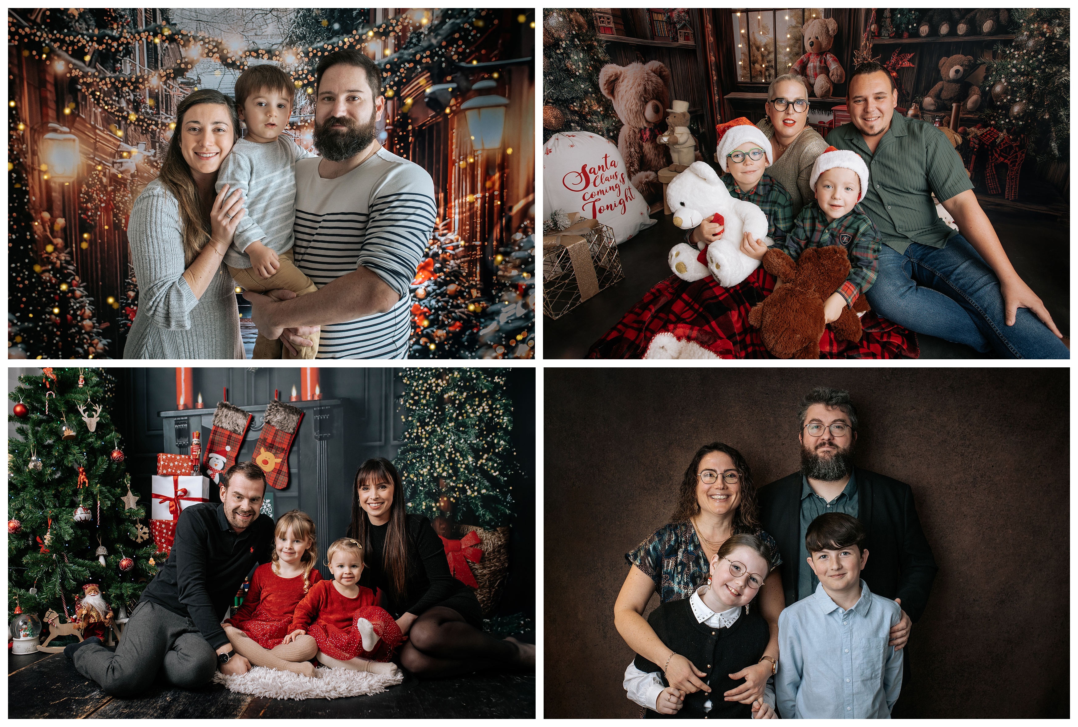 Quatre portraits de familles dans une ambiance de Noël aux lumières dorées